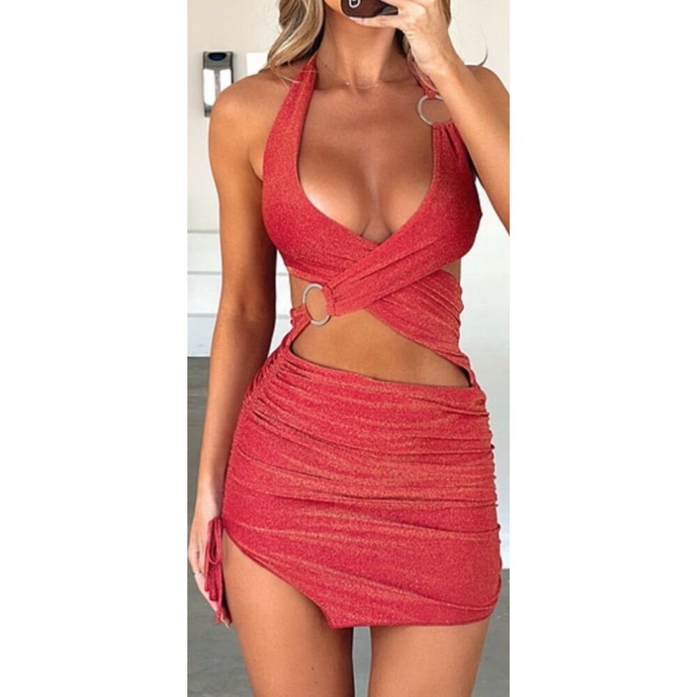 Red Halter Cut-Out Mini Dress